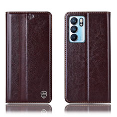 Leather Case Stands Flip Cover Holder H09P for Oppo Reno6 5G Brown