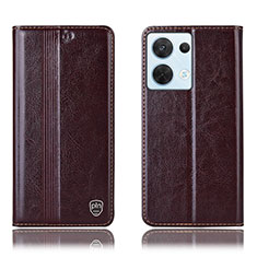 Leather Case Stands Flip Cover Holder H09P for Oppo Reno9 5G Brown