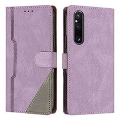 Leather Case Stands Flip Cover Holder H09X for Sony Xperia 1 V Purple