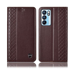 Leather Case Stands Flip Cover Holder H10P for Oppo Reno6 5G Brown