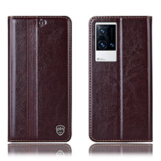 Leather Case Stands Flip Cover Holder H10P for Vivo iQOO 8 5G Brown