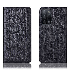 Leather Case Stands Flip Cover Holder H16P for Oppo A53s 5G Black