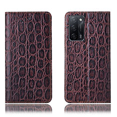 Leather Case Stands Flip Cover Holder H16P for Oppo A53s 5G Brown