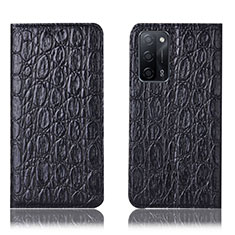 Leather Case Stands Flip Cover Holder H16P for Oppo A55 5G Black