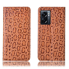 Leather Case Stands Flip Cover Holder H16P for Oppo A77 5G Light Brown