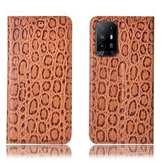 Leather Case Stands Flip Cover Holder H16P for Oppo A95 5G Light Brown