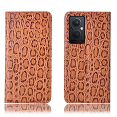 Leather Case Stands Flip Cover Holder H16P for Oppo A96 5G Light Brown