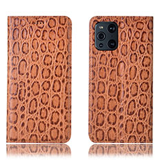 Leather Case Stands Flip Cover Holder H16P for Oppo Find X3 Pro 5G Light Brown