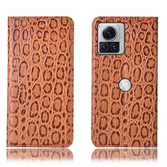 Leather Case Stands Flip Cover Holder H18P for Motorola Moto Edge X30 Pro 5G Light Brown
