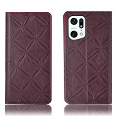 Leather Case Stands Flip Cover Holder H19P for Oppo Find X5 Pro 5G Red Wine