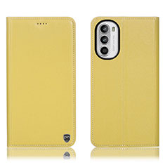 Leather Case Stands Flip Cover Holder H21P for Motorola MOTO G52 Yellow