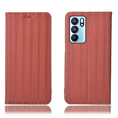 Leather Case Stands Flip Cover Holder H23P for Oppo Reno6 5G Brown