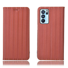 Leather Case Stands Flip Cover Holder H23P for Oppo Reno6 Pro 5G India Brown