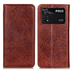 Leather Case Stands Flip Cover Holder K01Z for Xiaomi Poco M4 Pro 4G Brown