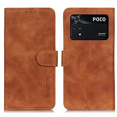 Leather Case Stands Flip Cover Holder K03Z for Xiaomi Poco M4 Pro 4G Brown