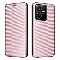 Leather Case Stands Flip Cover Holder L02Z for Vivo Y22s Rose Gold