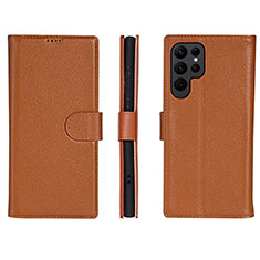 Leather Case Stands Flip Cover Holder L06 for Samsung Galaxy S24 Ultra 5G Brown