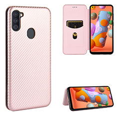 Leather Case Stands Flip Cover Holder L07Z for Samsung Galaxy A11 Rose Gold