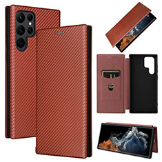 Leather Case Stands Flip Cover Holder L10Z for Samsung Galaxy S21 Ultra 5G Brown