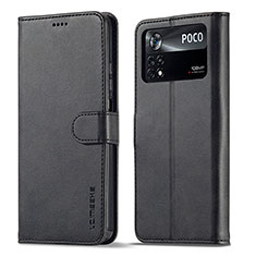 Leather Case Stands Flip Cover Holder LC1 for Xiaomi Poco M4 Pro 4G Black