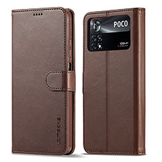 Leather Case Stands Flip Cover Holder LC1 for Xiaomi Poco M4 Pro 4G Brown