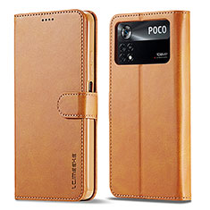 Leather Case Stands Flip Cover Holder LC1 for Xiaomi Poco M4 Pro 4G Light Brown