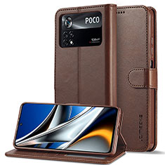 Leather Case Stands Flip Cover Holder LC2 for Xiaomi Poco M4 Pro 4G Brown