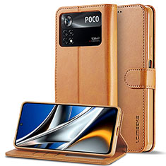 Leather Case Stands Flip Cover Holder LC2 for Xiaomi Poco X4 Pro 5G Light Brown
