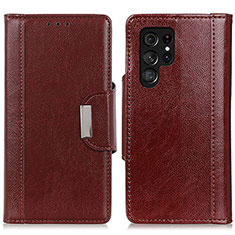 Leather Case Stands Flip Cover Holder M01L for Samsung Galaxy S22 Ultra 5G Brown