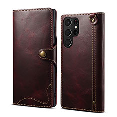 Leather Case Stands Flip Cover Holder M01T for Samsung Galaxy S24 Ultra 5G Red Wine