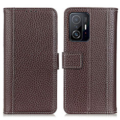 Leather Case Stands Flip Cover Holder M14L for Xiaomi Mi 11T Pro 5G Brown