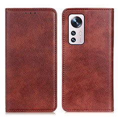 Leather Case Stands Flip Cover Holder N01P for Xiaomi Mi 12 Pro 5G Brown