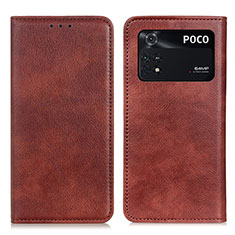 Leather Case Stands Flip Cover Holder N01P for Xiaomi Poco M4 Pro 4G Brown