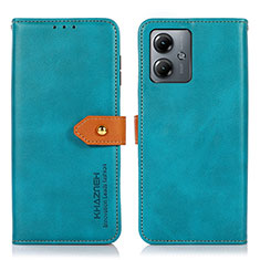 Leather Case Stands Flip Cover Holder N07P for Motorola Moto G14 Cyan