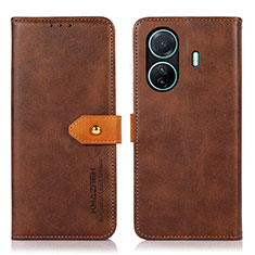 Leather Case Stands Flip Cover Holder N07P for Vivo iQOO Z6 Pro 5G Brown