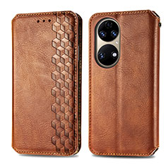 Leather Case Stands Flip Cover Holder S01D for Huawei P50 Pro Brown