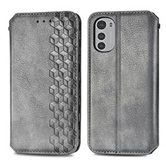 Leather Case Stands Flip Cover Holder S01D for Motorola Moto E32s Gray