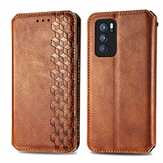 Leather Case Stands Flip Cover Holder S01D for Oppo Reno6 Pro 5G India Brown