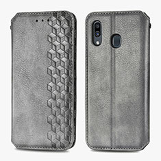 Leather Case Stands Flip Cover Holder S01D for Samsung Galaxy A20 Gray