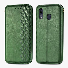 Leather Case Stands Flip Cover Holder S01D for Samsung Galaxy A20 Green