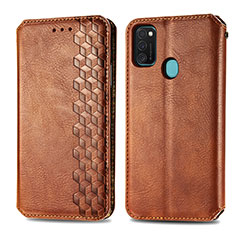 Leather Case Stands Flip Cover Holder S01D for Samsung Galaxy M21 Brown