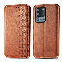 Leather Case Stands Flip Cover Holder S01D for Samsung Galaxy S20 Ultra Brown