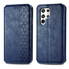 Leather Case Stands Flip Cover Holder S01D for Samsung Galaxy S22 Ultra 5G Blue
