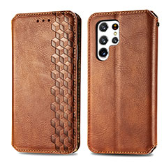 Leather Case Stands Flip Cover Holder S01D for Samsung Galaxy S24 Ultra 5G Brown