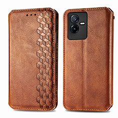 Leather Case Stands Flip Cover Holder S01D for Vivo iQOO Z6x Brown