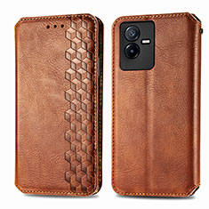 Leather Case Stands Flip Cover Holder S01D for Vivo T2x 5G Brown