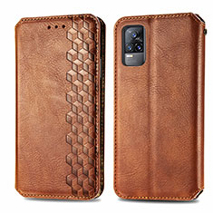 Leather Case Stands Flip Cover Holder S01D for Vivo V21e 4G Brown