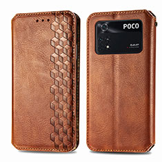 Leather Case Stands Flip Cover Holder S01D for Xiaomi Poco M4 Pro 4G Brown