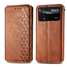 Leather Case Stands Flip Cover Holder S01D for Xiaomi Poco X4 Pro 5G Brown