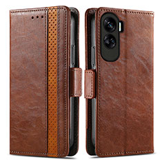 Leather Case Stands Flip Cover Holder S02D for Huawei Honor 90 Lite 5G Brown